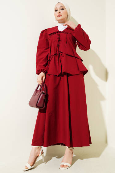 Önü İp Bağlamalı Bluzlu Etekli İkili Takım Bordo - İkili Takım