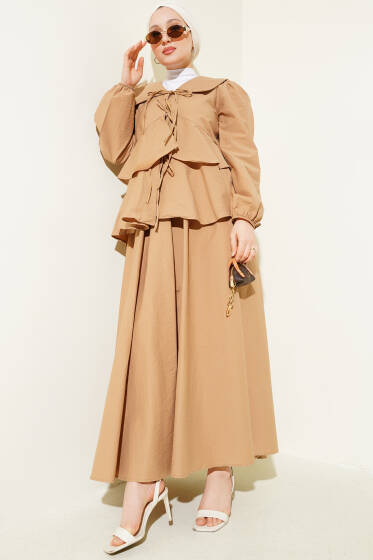 Önü İp Bağlamalı Bluzlu Etekli İkili Takım Camel - İkili Takım