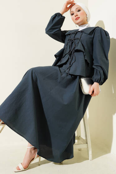 Önü İp Bağlamalı Bluzlu Etekli İkili Takım Füme - İkili Takım