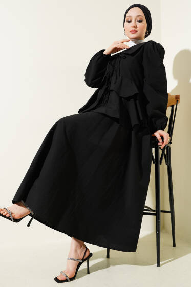 Önü İp Bağlamalı Bluzlu Etekli İkili Takım Siyah - İkili Takım