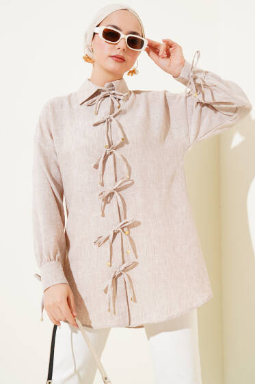 Önü İp Bağlamalı Gömlek Bej - Gömlek