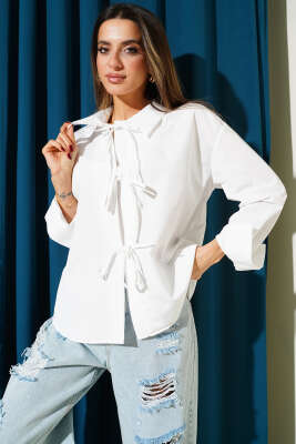 Önü İp Bağlamalı Gömlek Beyaz - Kadın Giyim Modelleri