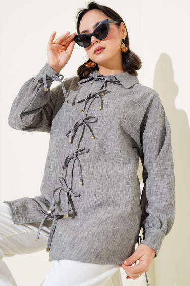 Önü İp Bağlamalı Gömlek Füme - Gömlek