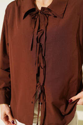 Önü İp Bağlamalı Gömlek Kahve - Kadın Giyim Modelleri