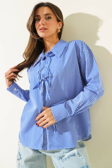Önü İp Bağlamalı Gömlek Saks Çizgili - Kadın Giyim Modelleri