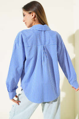 Önü İp Bağlamalı Gömlek Saks Çizgili - Kadın Giyim Modelleri