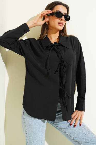 Önü İp Bağlamalı Gömlek Siyah - Kadın Giyim Modelleri