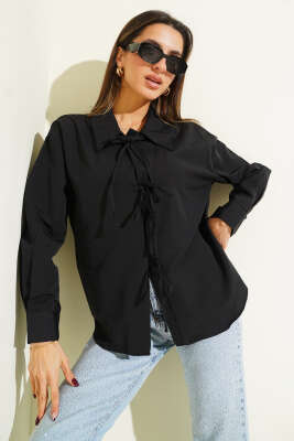 Önü İp Bağlamalı Gömlek Siyah - Kadın Giyim Modelleri