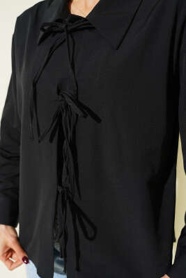 Önü İp Bağlamalı Gömlek Siyah - Kadın Giyim Modelleri