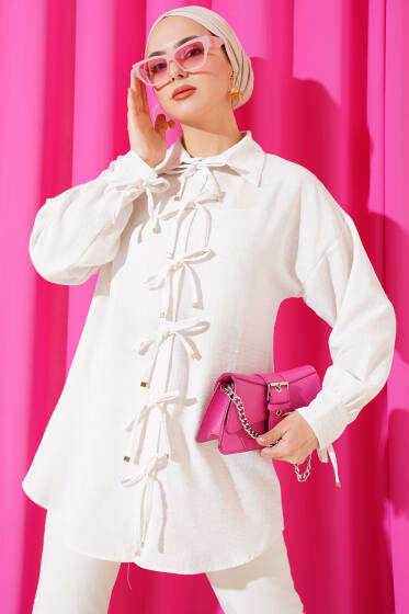 Önü İp Bağlamalı Gömlek Taş - Gömlek