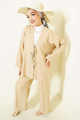 Önü İp Bağlamalı Kimono İkili Takım Bej - BIGDART