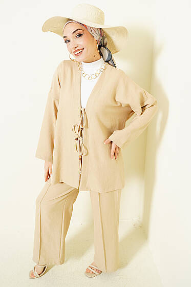 Önü İp Bağlamalı Kimono İkili Takım Bej - İkili Takım