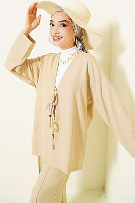 Önü İp Bağlamalı Kimono İkili Takım Bej - İkili Takım