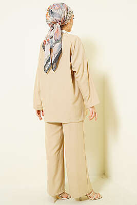Önü İp Bağlamalı Kimono İkili Takım Bej - İkili Takım