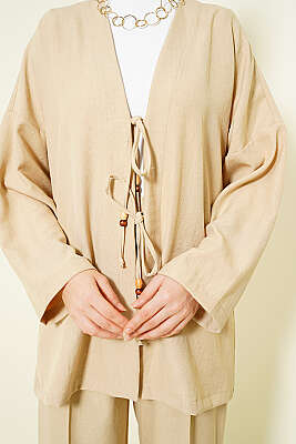 Önü İp Bağlamalı Kimono İkili Takım Bej - İkili Takım