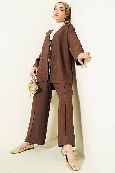 Önü İp Bağlamalı Kimono İkili Takım Kahve - İkili Takım