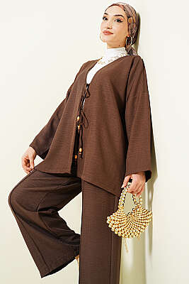 Önü İp Bağlamalı Kimono İkili Takım Kahve - İkili Takım