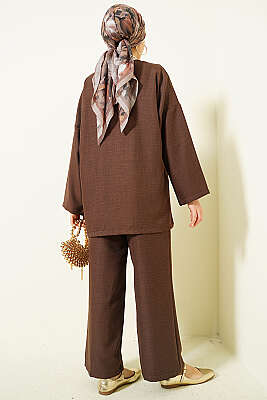 Önü İp Bağlamalı Kimono İkili Takım Kahve - İkili Takım