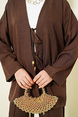 Önü İp Bağlamalı Kimono İkili Takım Kahve - İkili Takım