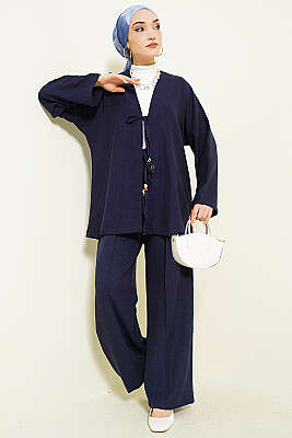 Önü İp Bağlamalı Kimono İkili Takım Lacivert - BIGDART