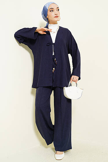 Önü İp Bağlamalı Kimono İkili Takım Lacivert - İkili Takım