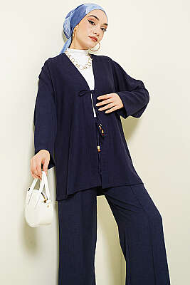 Önü İp Bağlamalı Kimono İkili Takım Lacivert - İkili Takım
