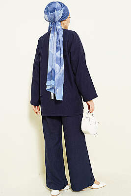 Önü İp Bağlamalı Kimono İkili Takım Lacivert - İkili Takım