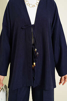 Önü İp Bağlamalı Kimono İkili Takım Lacivert - İkili Takım