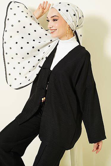 Önü İp Bağlamalı Kimono İkili Takım Siyah - İkili Takım