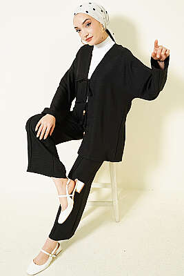 Önü İp Bağlamalı Kimono İkili Takım Siyah - İkili Takım