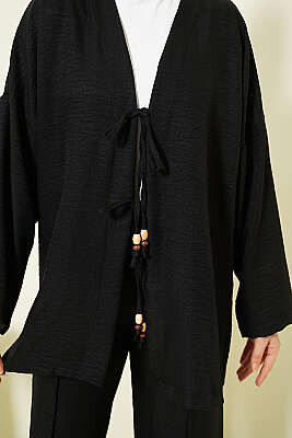 Önü İp Bağlamalı Kimono İkili Takım Siyah - İkili Takım