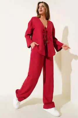Önü İp Bağlamalı Kimono Takım Bordo 