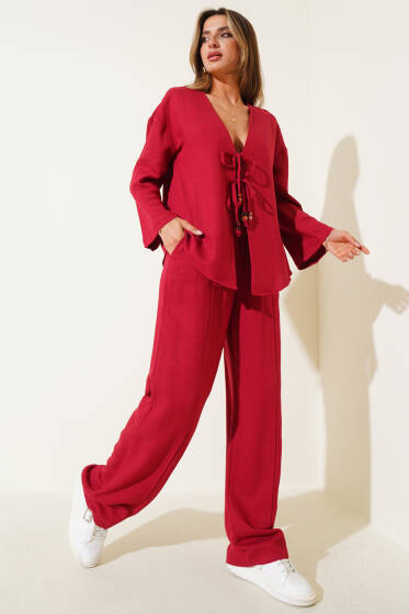 Önü İp Bağlamalı Kimono Takım Bordo - Kadın Giyim Modelleri