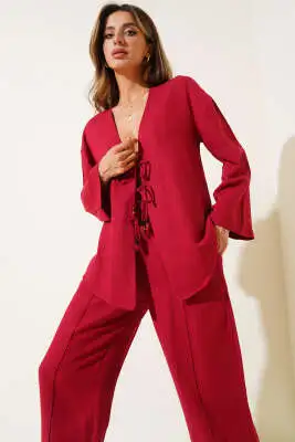 Önü İp Bağlamalı Kimono Takım Bordo - Kadın Giyim Modelleri