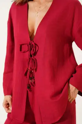 Önü İp Bağlamalı Kimono Takım Bordo - Kadın Giyim Modelleri