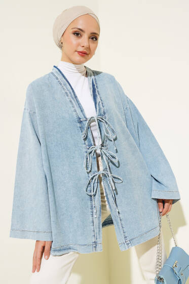 	 Önü İp Bağlamalı Kot Kimono Buz Mavisi - Dış Giyim&Mont