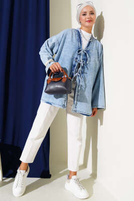 Önü İp Bağlamalı Kot Kimono Orta Mavi - 300-500 TL Ürünler