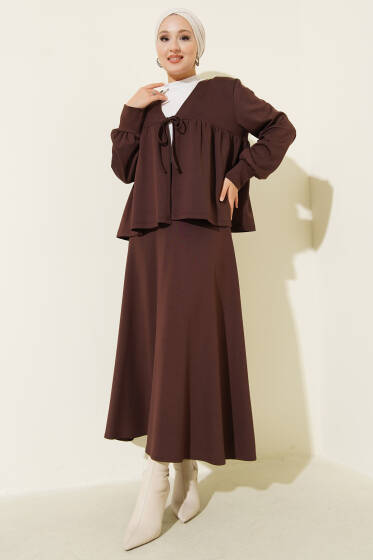 Önü İp Bağlamalı Loyşa Etekli İkili Takım Acı Kahve - İkili Takım