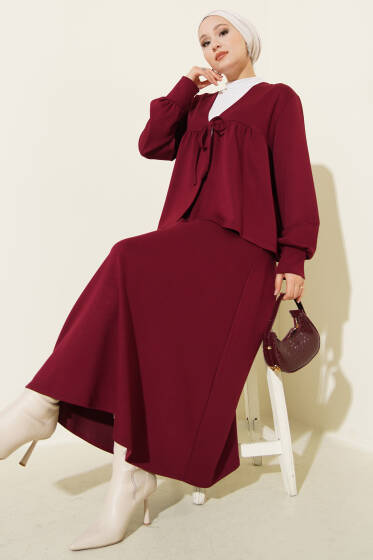 Önü İp Bağlamalı Loyşa Etekli İkili Takım Bordo - İkili Takım
