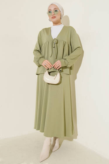 Önü İp Bağlamalı Loyşa Etekli İkili Takım Çağla Yeşili - İkili Takım