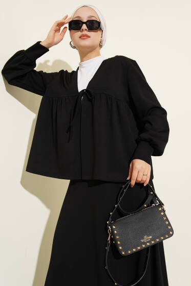 Önü İp Bağlamalı Loyşa Etekli İkili Takım Siyah - İkili Takım