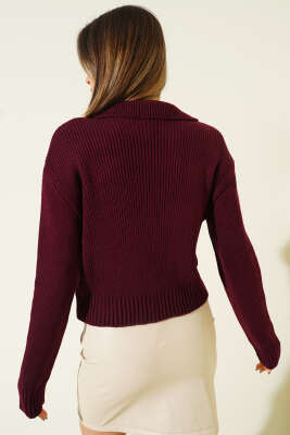 Önü İp Bağlamalı Triko Hırka Bordo - Kadın Giyim Modelleri