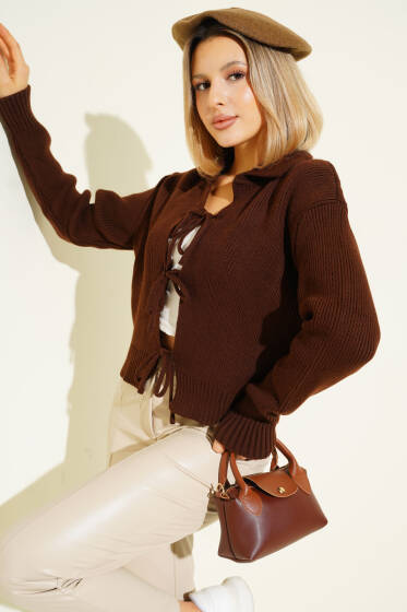 Önü İp Bağlamalı Triko Hırka Kahve - Kadın Giyim Modelleri