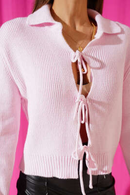 Önü İp Bağlamalı Triko Hırka Pembe - Kadın Giyim Modelleri