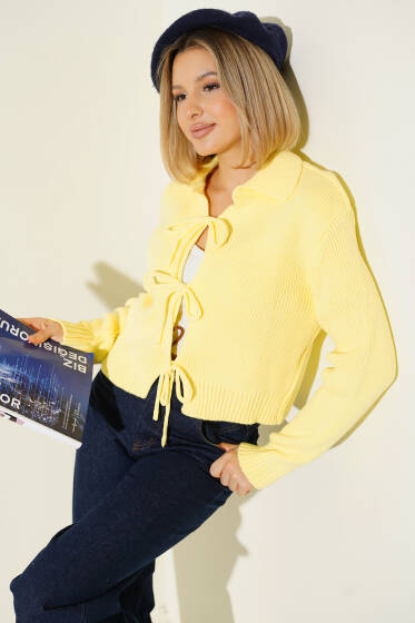 Önü İp Bağlamalı Triko Hırka Sarı - Kadın Giyim Modelleri