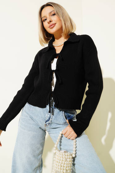 Önü İp Bağlamalı Triko Hırka Siyah - Kadın Giyim Modelleri