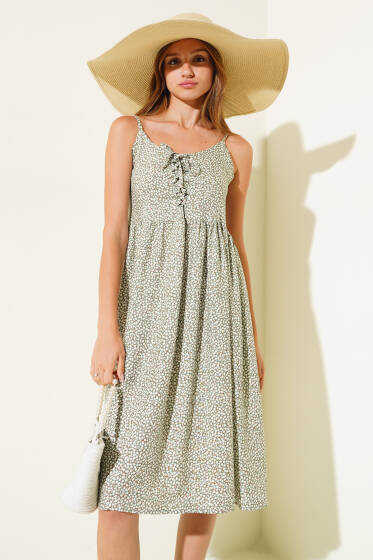 Önü İp Detaylı Askılı Elbise Çağla Yeşili - Kadın Giyim Modelleri