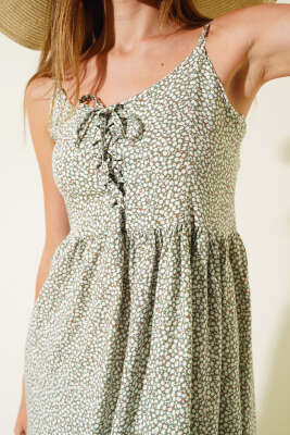 Önü İp Detaylı Askılı Elbise Çağla Yeşili - Kadın Giyim Modelleri