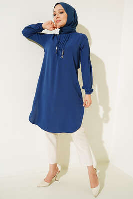 Önü İpli Kolyeli Tunik İndigo - Tunik
