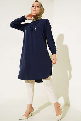 Önü İpli Kolyeli Tunik Lacivert 
